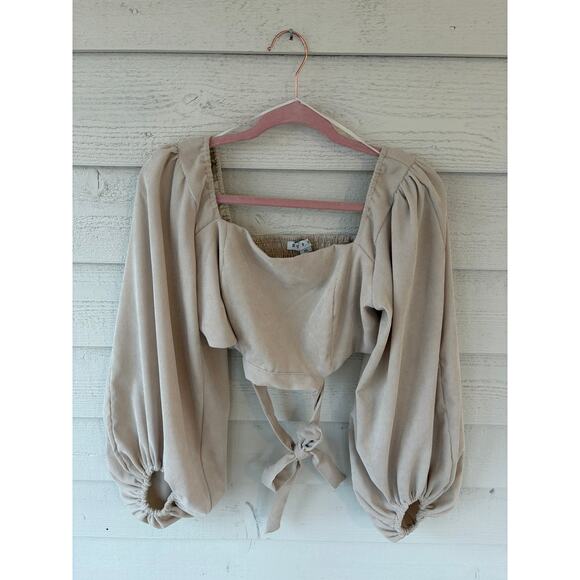 HYFVE Beige Smocked Crop Top XL Tie Back Puff Sleeve Boho Cottagecore Blouse - Picture 2 of 6